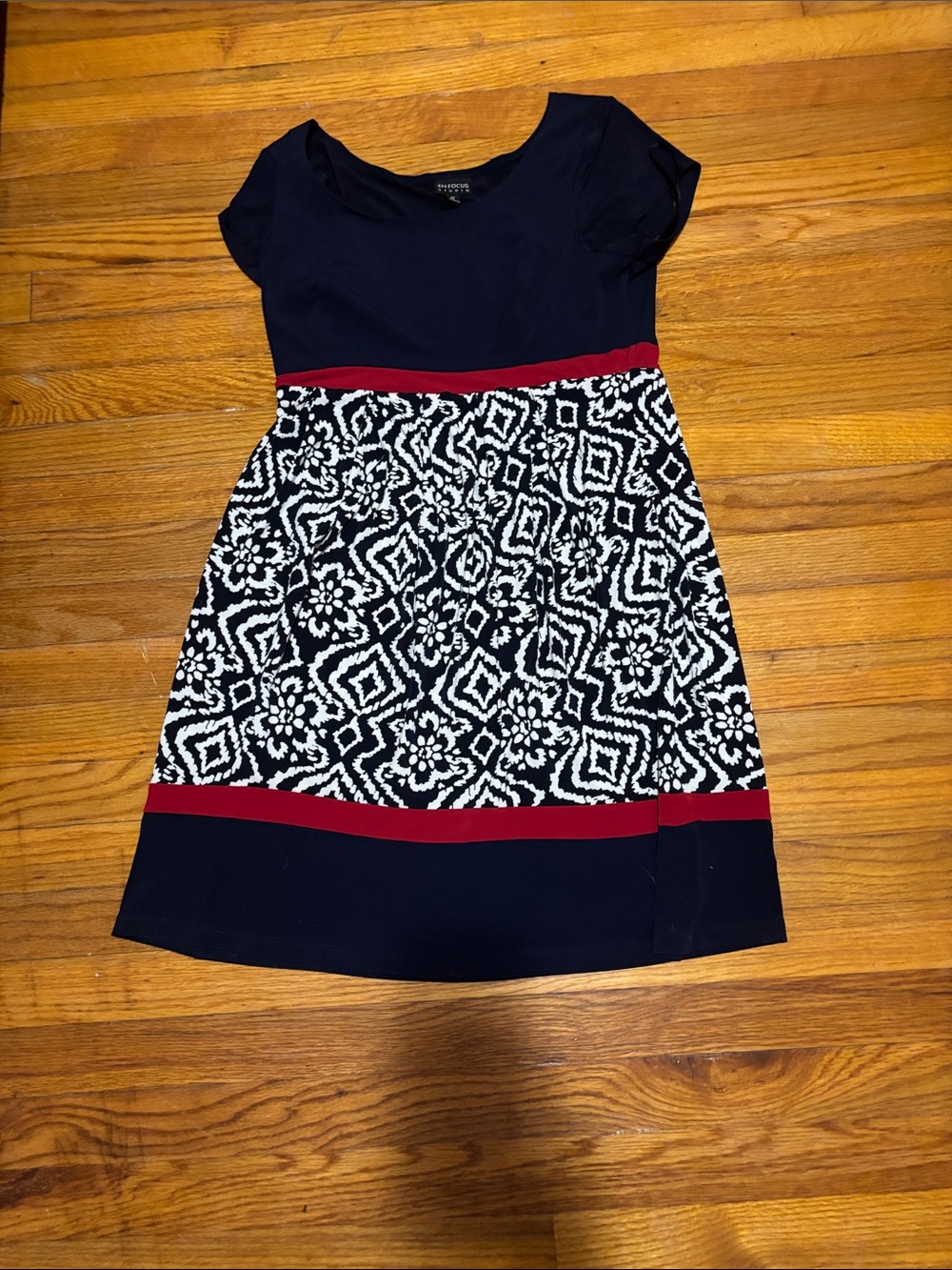 Navy and White Patterned Short Sleeve Dress with Red Trim